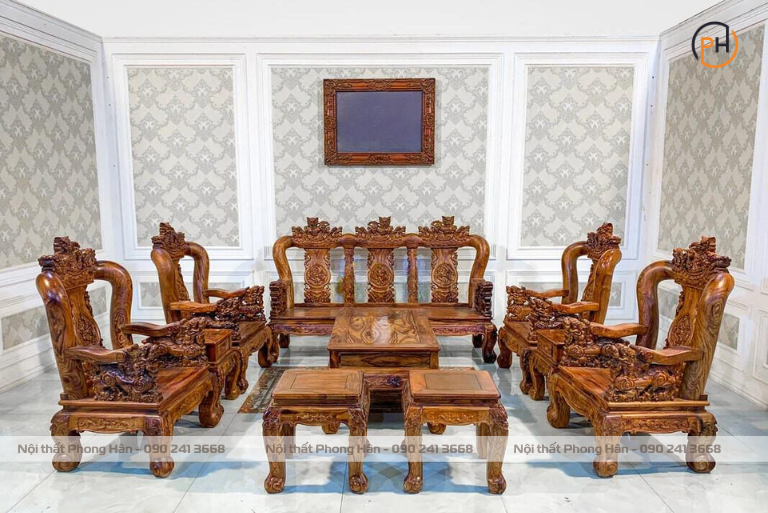 Salon gỗ cẩm lai chạm nghê 10 món tay 12