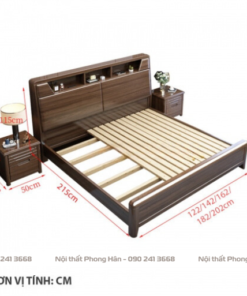 Giường ngủ hiện đại đầu giường có kệ màu óc chó gỗ tự nhiên