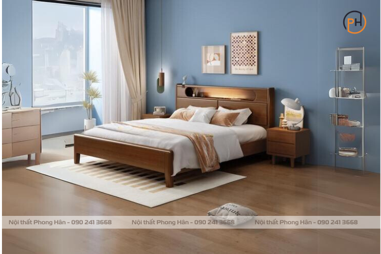 Giường ngủ gỗ tự nhiên cao cấp có kệ trang trí đầu giường đẹp