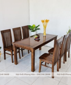 Bàn ăn gỗ Sồi 6 ghế màu nâu đen hiện đại 1m6