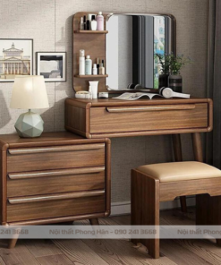 Bàn trang điểm gỗ Sồi Mỹ phủ vân óc chó, đệm ghế đàn hồi bọc da cao cấp