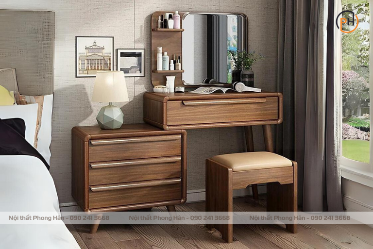 Bàn trang điểm gỗ Sồi Mỹ phủ vân óc chó, đệm ghế đàn hồi bọc da cao cấp