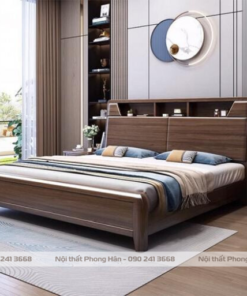 Giường ngủ hiện đại đầu giường có kệ màu óc chó gỗ tự nhiên