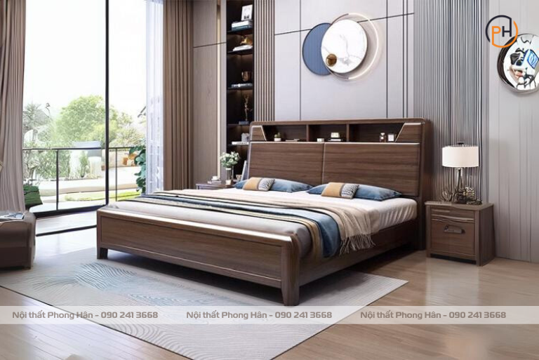 Giường ngủ hiện đại đầu giường có kệ màu óc chó gỗ tự nhiên