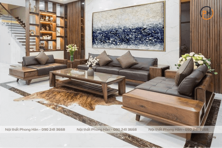 Bộ Sofa gỗ Sồi sơn màu gỗ Óc Chó hiện đại SFG01